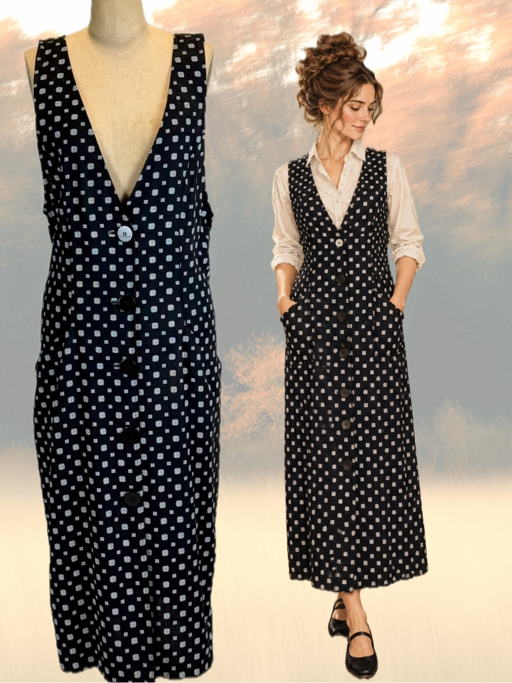 VINTAGE 90s jumper pinafore dress slouchy pockets long maxi polka dot button